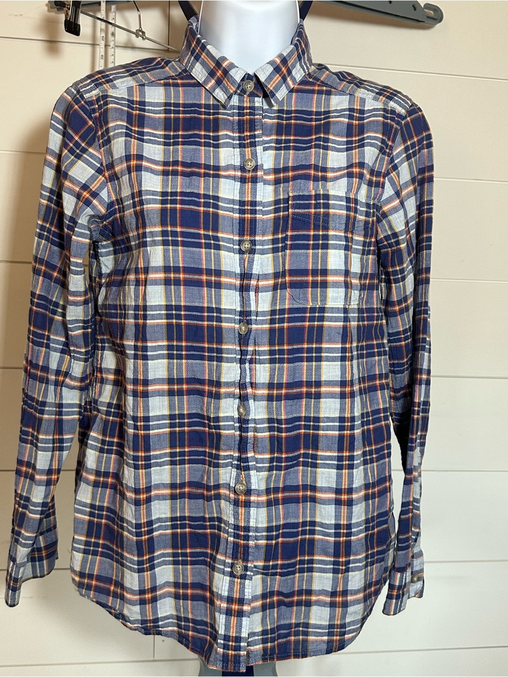 #179 Classic Navy & White Plaid Button-Down Shirt - Women’s